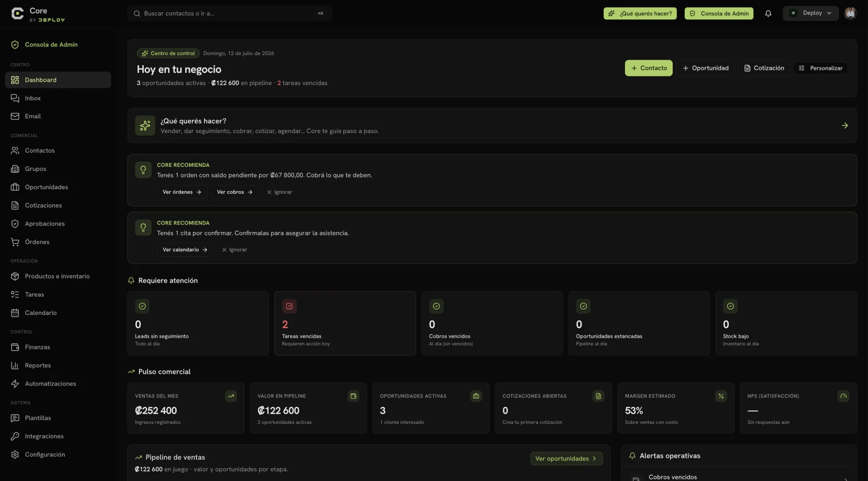 Core — consola de Finanzas: ingresos, egresos, ganancia y rentabilidad del negocio en un solo panel